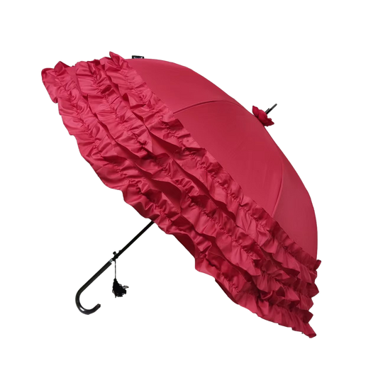 Boutique Triple Frill Stick Auto Umbrella RED