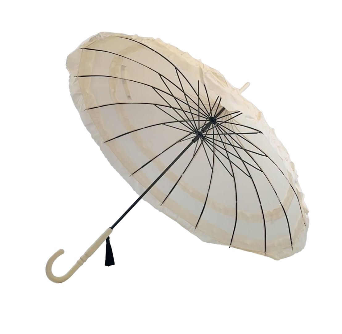 Boutique Frilled Pagoda Umbrella Beige with beige handle