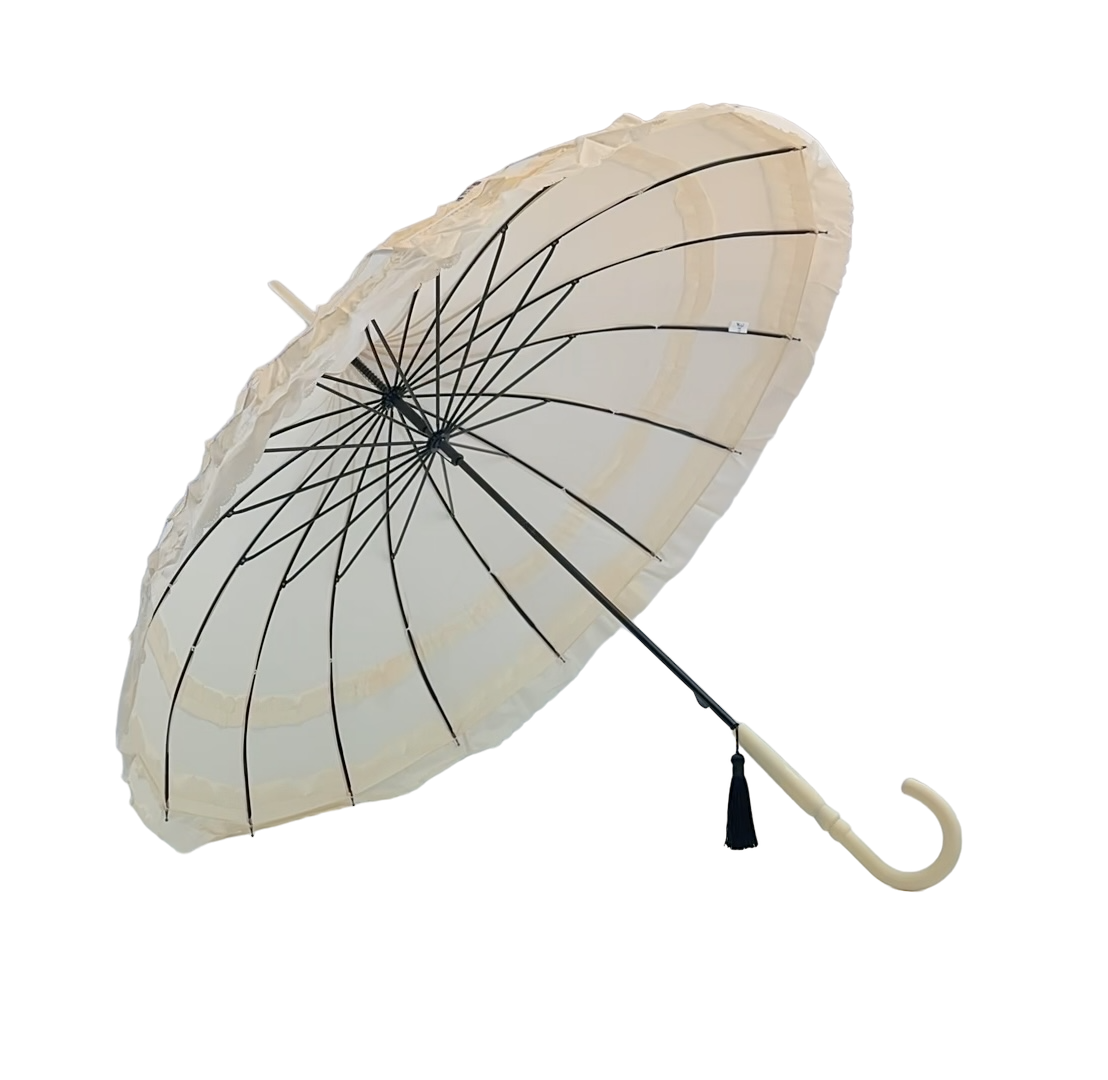 Boutique Frilled Pagoda Umbrella Beige with beige handle