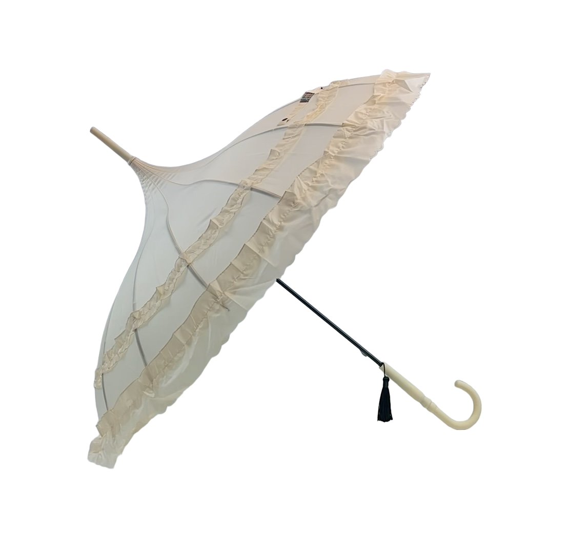 Boutique Frilled Pagoda Umbrella Beige with beige handle