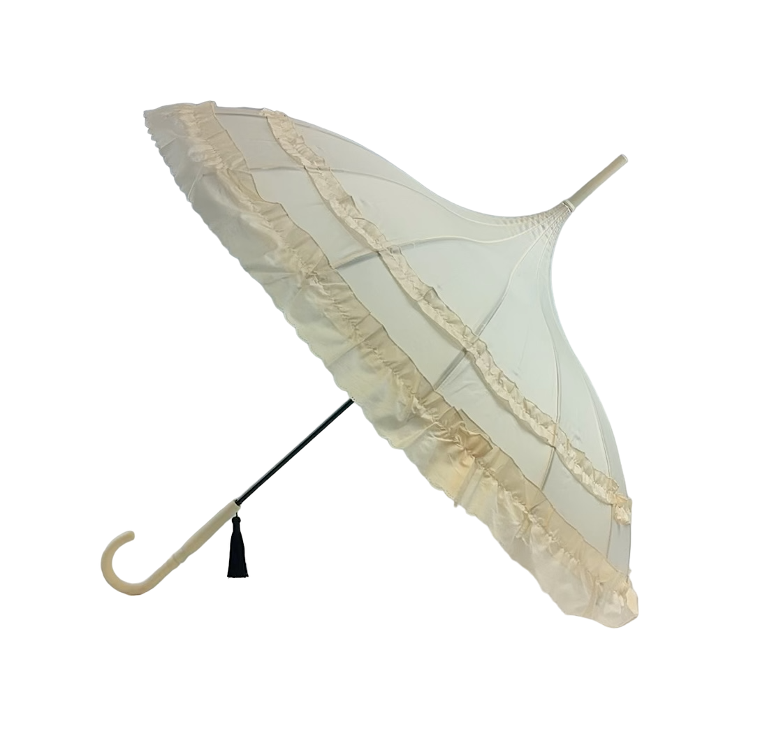 Boutique Frilled Pagoda Umbrella Beige with beige handle