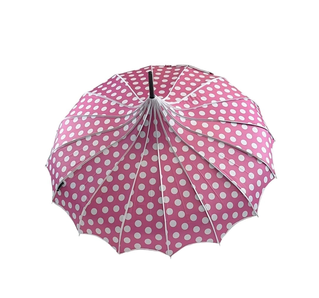 Boutique Polka Dot Ribbed Pagoda Umbrella Pink