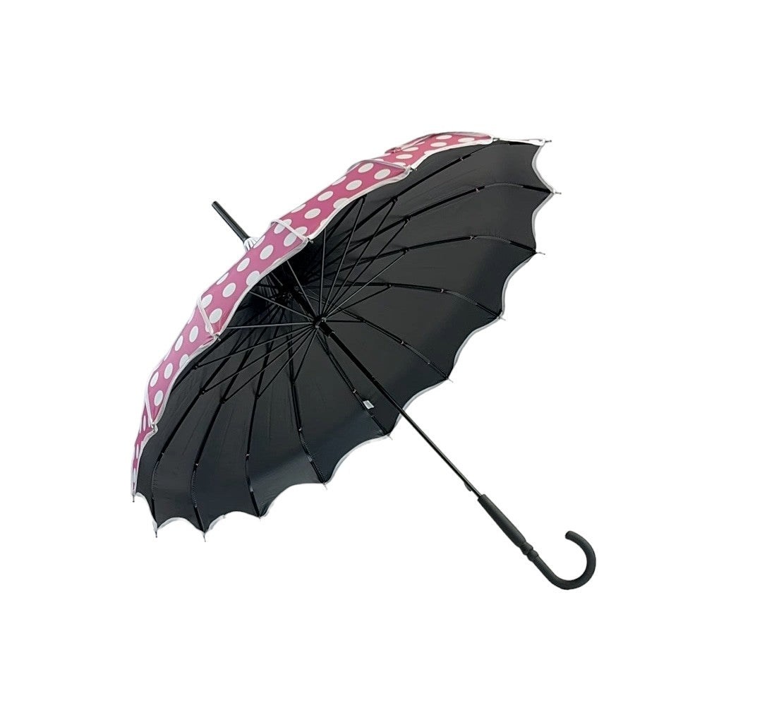 Boutique Polka Dot Ribbed Pagoda Umbrella Pink