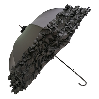 Boutique Triple Frill Stick Auto umbrella Black