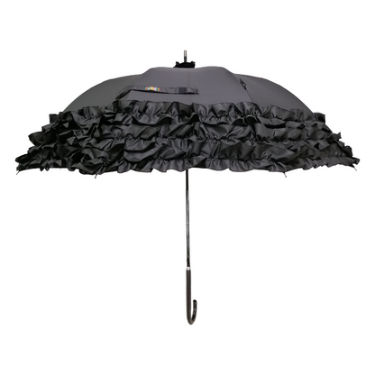 Boutique Triple Frill Stick Auto umbrella Black