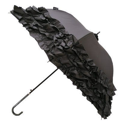 Boutique Triple Frill Stick Auto umbrella Black