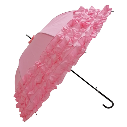 Boutique Triple Frill Stick Auto Umbrella  Pink