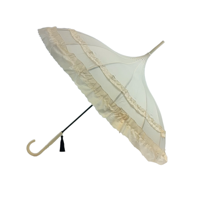 Boutique Frilled Pagoda Umbrella Beige with beige handle