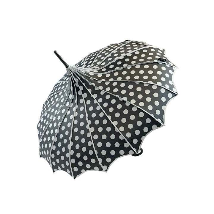 Boutique Polka Dot Ribbed Pagoda Umbrella Black