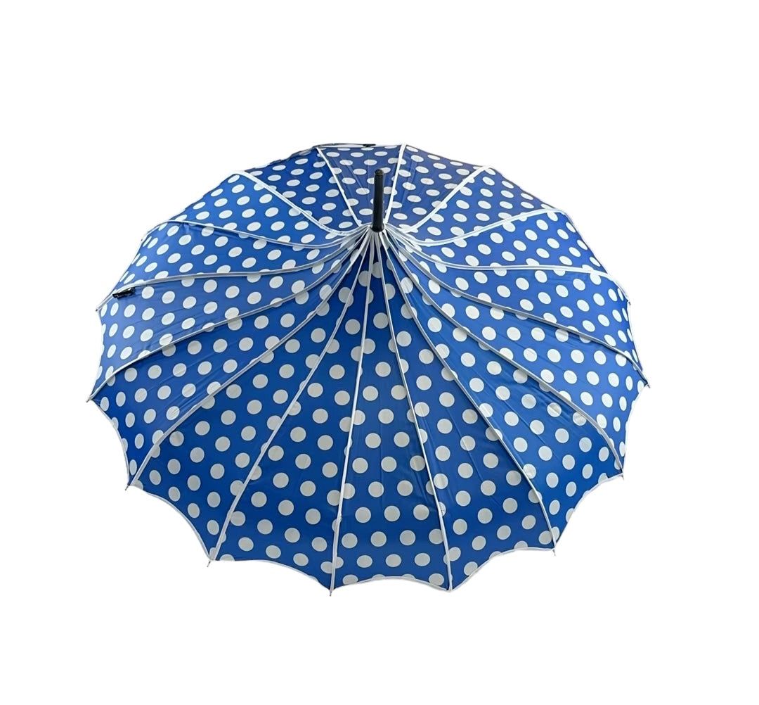 Boutique Polka Dot Ribbed Pagoda Umbrella Blue