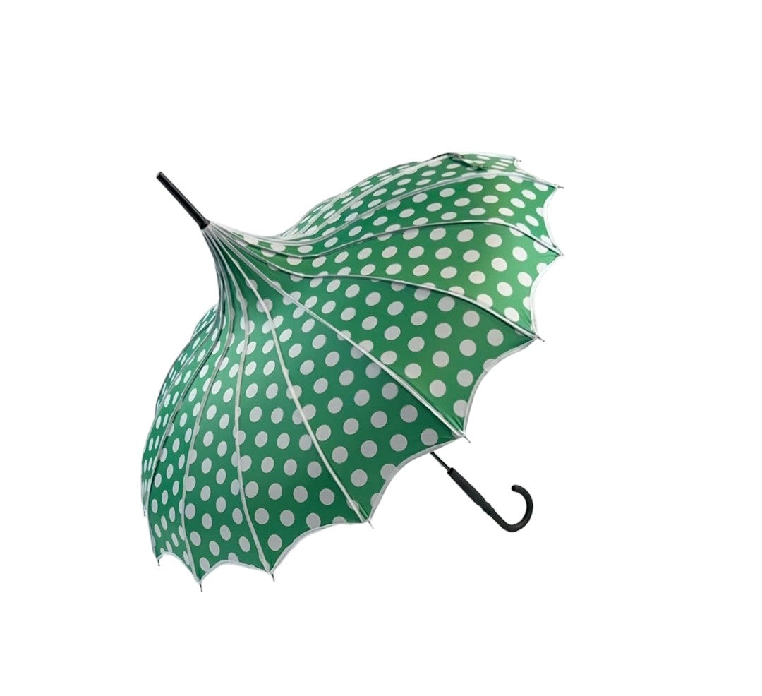 Boutique Polka Dot Ribbed Pagoda Umbrella Green