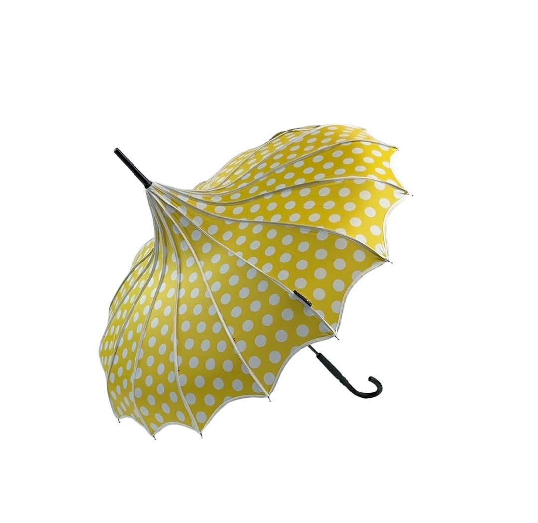 Boutique Polka Dot Ribbed Pagoda Umbrella Yellow